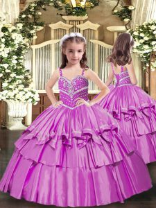 Fashionable Ball Gowns Little Girl Pageant Gowns Lilac Straps Taffeta Sleeveless Floor Length Lace Up