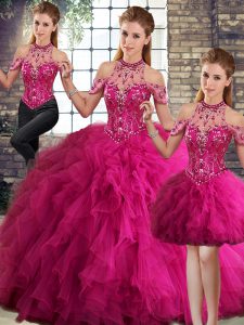 Luxury Fuchsia Lace Up Halter Top Beading and Ruffles Sweet 16 Dresses Tulle Sleeveless