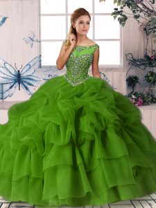 Green Organza Zipper Quinceanera Dress Sleeveless Brush Train Beading and Pick Ups