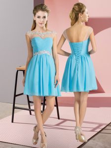 Best Aqua Blue Cap Sleeves Chiffon Lace Up Vestidos de Damas for Wedding Party