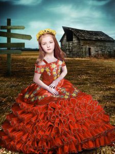 Off The Shoulder Short Sleeves Organza Kids Pageant Dress Embroidery and Ruffled Layers Lace Up