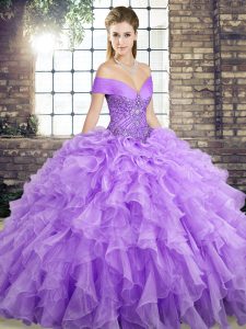 Best Sleeveless Brush Train Beading and Ruffles Lace Up Quinceanera Dresses