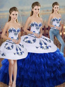 Sweetheart Sleeveless Sweet 16 Quinceanera Dress Floor Length Embroidery and Ruffled Layers and Bowknot Royal Blue Organza