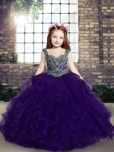Purple Sleeveless Floor Length Beading and Ruffles Lace Up Little Girl Pageant Dress
