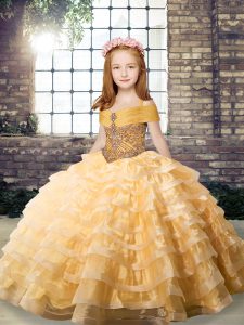 Best Sleeveless Brush Train Beading and Ruffled Layers Lace Up Little Girls Pageant Gowns