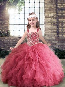 Floor Length Pink Little Girl Pageant Gowns Straps Sleeveless Lace Up