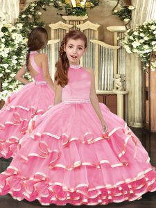 Pink Backless Pageant Gowns For Girls Beading and Ruffled Layers Sleeveless Floor Length