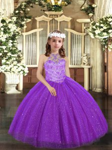 Purple Tulle Lace Up Halter Top Sleeveless Floor Length Kids Pageant Dress Beading