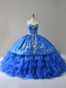 Fantastic Royal Blue Satin Lace Up Quinceanera Dress Sleeveless Floor Length Embroidery and Ruffles