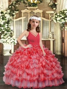 Coral Red Sleeveless Floor Length Ruffles and Ruffled Layers Zipper Kids Formal Wear