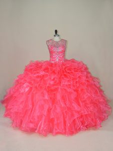 Stunning Beading and Ruffles Quinceanera Gown Pink Lace Up Sleeveless