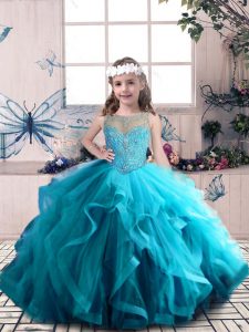 Blue Lace Up Girls Pageant Dresses Beading and Ruffles Sleeveless Floor Length