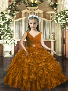Modern Brown Organza Backless V-neck Sleeveless Floor Length Pageant Gowns For Girls Beading and Ruffles