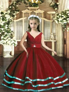 Dazzling Wine Red Ball Gowns Beading and Ruching Kids Formal Wear Backless Organza Sleeveless Floor Length