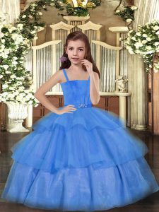 Popular Blue Ball Gowns Ruffled Layers Child Pageant Dress Lace Up Tulle Sleeveless Floor Length