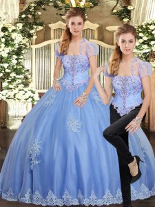 Light Blue Lace Up Strapless Beading and Appliques Ball Gown Prom Dress Tulle Sleeveless