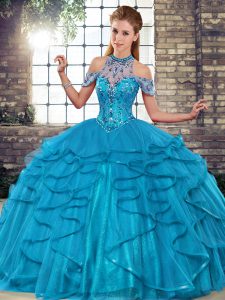 Blue Lace Up Vestidos de Quinceanera Beading and Ruffles Sleeveless Floor Length