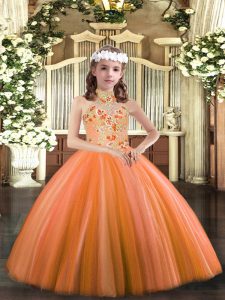 Floor Length Orange Little Girls Pageant Dress Tulle Sleeveless Appliques