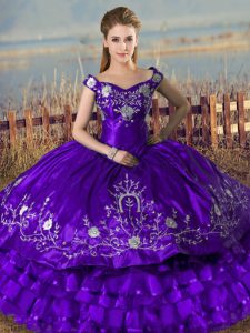 Purple Sleeveless Floor Length Embroidery and Ruffled Layers Lace Up 15th Birthday Dress