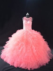 Floor Length Ball Gowns Sleeveless Watermelon Red Quinceanera Dress Lace Up