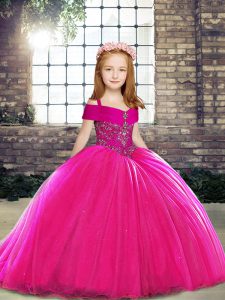 Best Straps Sleeveless Brush Train Lace Up Little Girls Pageant Gowns Fuchsia Tulle