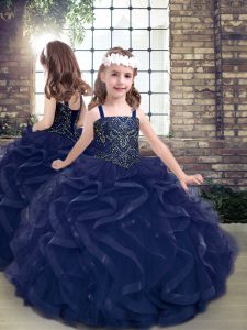 Custom Fit Navy Blue Little Girls Pageant Dress Wholesale Party and Sweet 16 and Wedding Party with Beading and Ruffles Straps Sleeveless Lace Up
