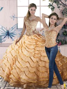 Glamorous Brush Train Two Pieces Quinceanera Dresses Gold Sweetheart Organza Sleeveless Lace Up