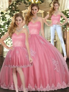 Hot Selling Watermelon Red Sleeveless Appliques Floor Length 15 Quinceanera Dress