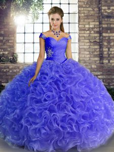 High Class Off The Shoulder Sleeveless Vestidos de Quinceanera Floor Length Beading Blue Fabric With Rolling Flowers