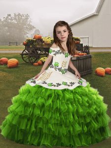 Green Kids Formal Wear Party and Wedding Party with Embroidery and Ruffled Layers Straps Sleeveless Lace Up