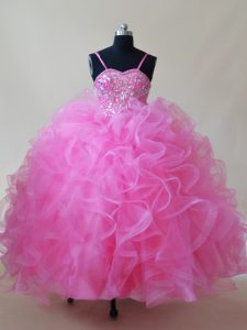 Rose Pink Tulle Lace Up Little Girl Pageant Dress Sleeveless Floor Length Beading and Ruffles