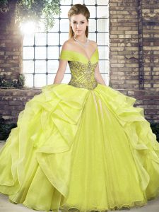 Flare Yellow Off The Shoulder Lace Up Beading and Ruffles Quince Ball Gowns Sleeveless