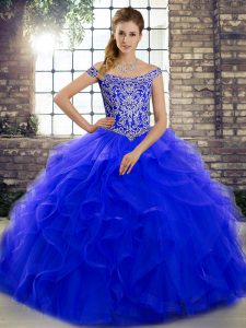 Free and Easy Sleeveless Brush Train Beading and Ruffles Lace Up 15th Birthday Dress