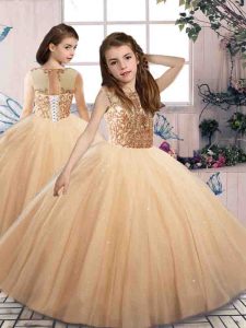 Graceful Scoop Sleeveless Lace Up Girls Pageant Dresses Champagne Tulle