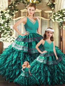 Turquoise Backless Quinceanera Gown Appliques and Ruffles Sleeveless Floor Length