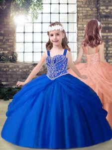Royal Blue Straps Neckline Beading Little Girls Pageant Dress Wholesale Sleeveless Lace Up