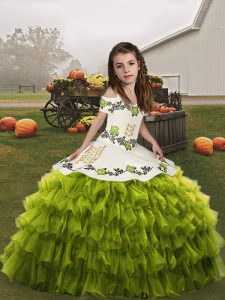 Beauteous Ball Gowns Kids Formal Wear Olive Green Straps Organza Sleeveless Floor Length Lace Up