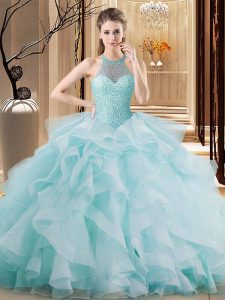 Captivating Light Blue Lace Up Halter Top Embroidery and Ruffles Ball Gown Prom Dress Organza Sleeveless Brush Train