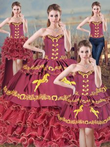 Customized Brush Train Ball Gowns Ball Gown Prom Dress Burgundy Sweetheart Satin and Organza Sleeveless Lace Up