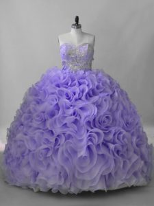 Sophisticated Lavender Ball Gowns Beading Quinceanera Gowns Lace Up Fabric With Rolling Flowers Sleeveless