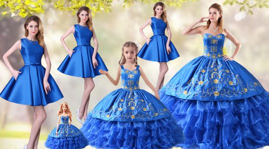Blue Sleeveless Embroidery and Ruffled Layers Lace Up Sweet 16 Dress