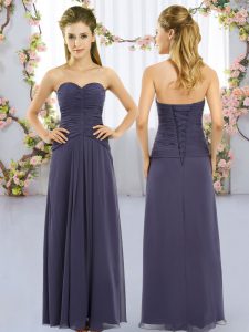 Fancy Navy Blue Chiffon Lace Up Sweetheart Sleeveless Floor Length Quinceanera Dama Dress Ruching