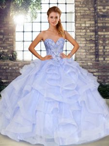 Latest Floor Length Lavender Quinceanera Dress Tulle Sleeveless Beading and Ruffles