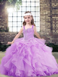 Lavender Child Pageant Dress Party and Sweet 16 and Wedding Party with Beading and Ruffles Straps Sleeveless Lace Up