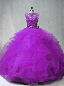 Fancy Purple Sleeveless Beading and Ruffles Lace Up 15th Birthday Dress