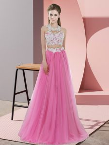 Ideal Floor Length Zipper Dama Dress for Quinceanera Rose Pink for Wedding Party with Lace