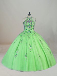 Lace Up Quinceanera Dress Appliques and Embroidery Sleeveless Brush Train