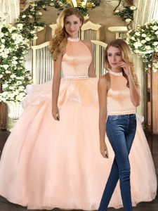 Excellent Organza Halter Top Sleeveless Backless Beading 15th Birthday Dress in Peach