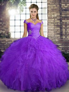 Decent Tulle Off The Shoulder Sleeveless Lace Up Beading and Ruffles 15th Birthday Dress in Purple