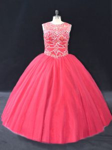 Delicate Coral Red Tulle Lace Up Scoop Long Sleeves Floor Length Quinceanera Gowns Beading